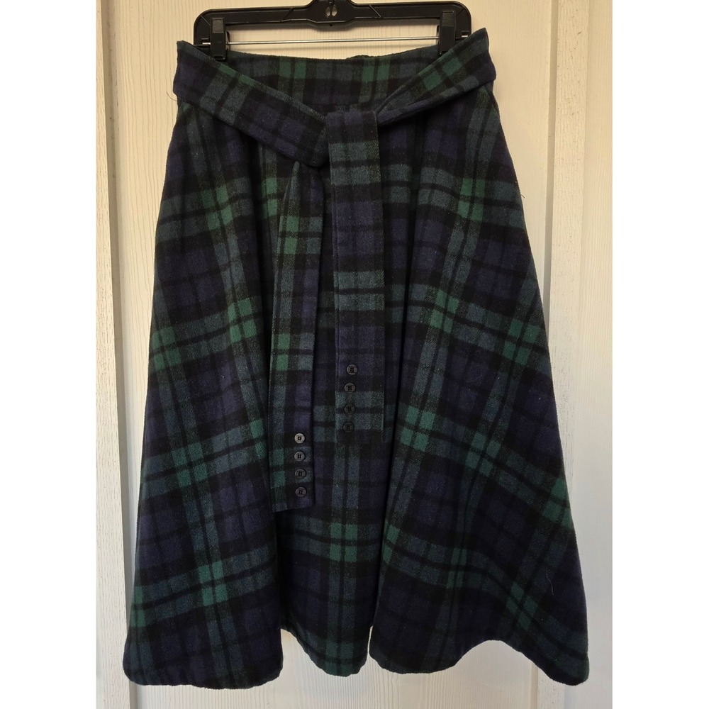 Plaid A-Line Midi Skirt Green Blue Tartan Kilt Belted Elastic L Preppy Academia